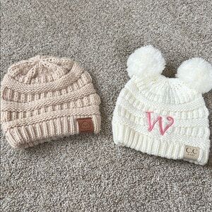Cream and Tan Knit Beanie Set